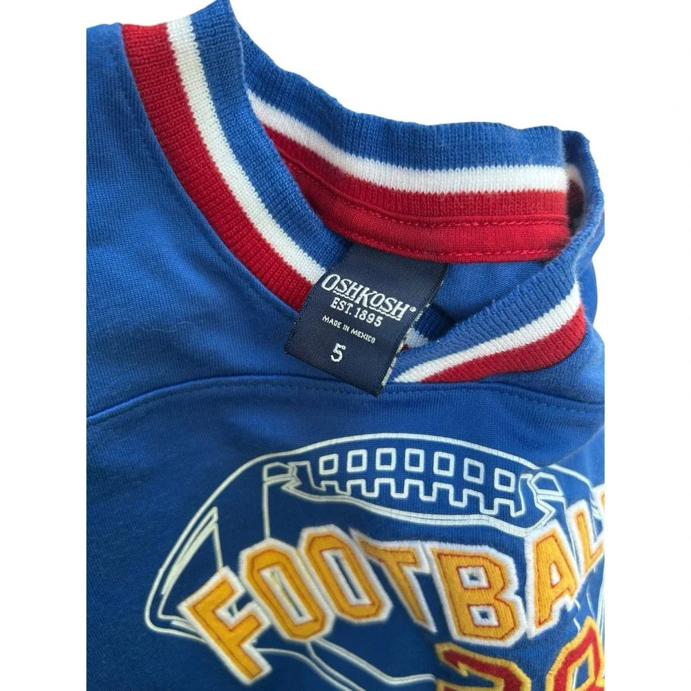 Y2K OshKosh Boys Football Graphic Jersey T-Shirt Blue Long Sleeve V-Neck Size 5